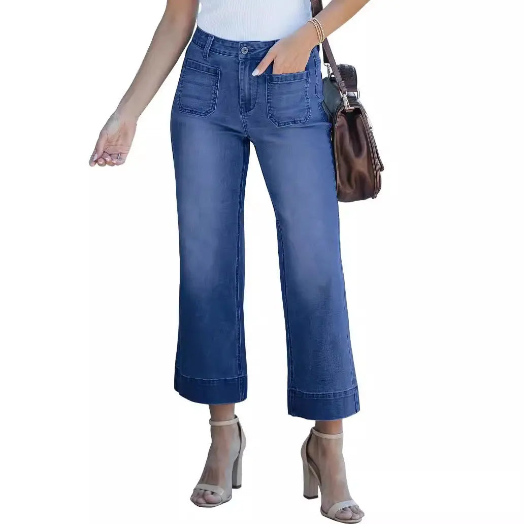 Slimming And Wide Leg Straight-leg Pants Washed Jeans Cropped Pants hercurva