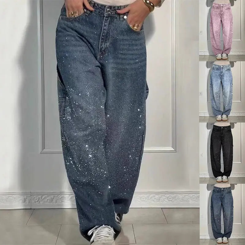 Ins Shiny Straight Jeans With Pockets Fashion Loose Wide-leg Pants For Women Street-style Trousers hercurva