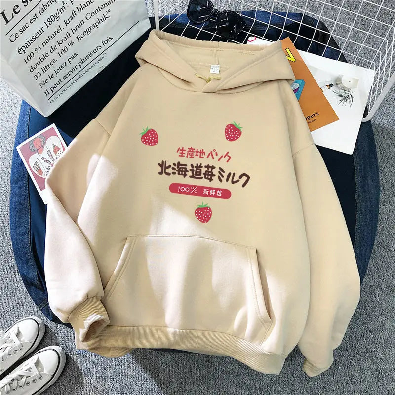 Candy Color Weatshirt Print Strawberry Figure Hooded Sweater hercurva