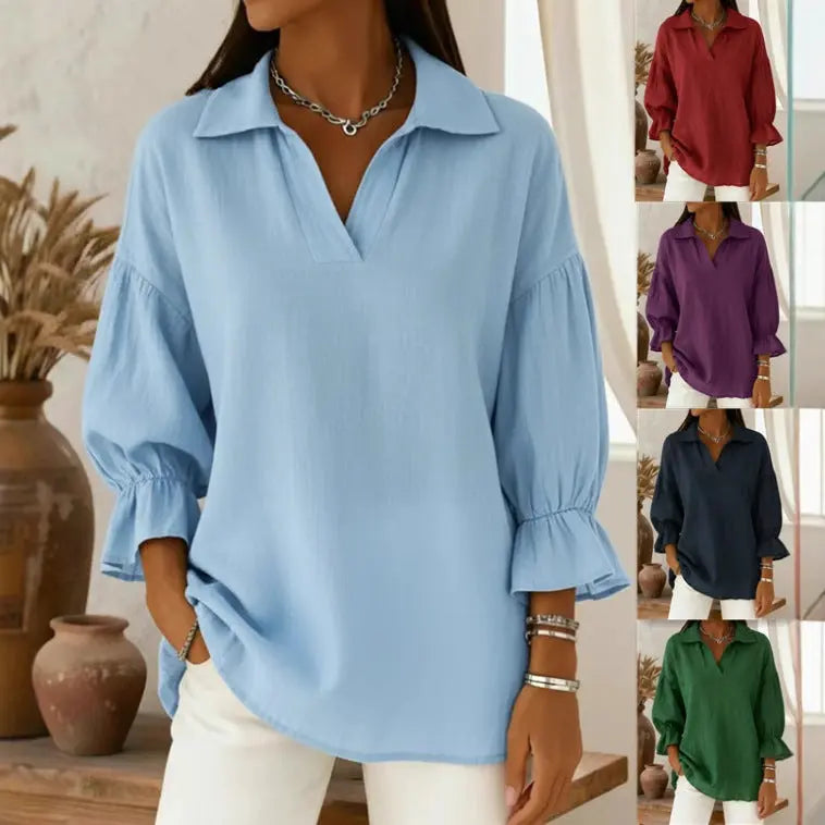 Casual Relaxed-fit Fashionable Long-sleeve Top With A Turn-down Collar hercurva