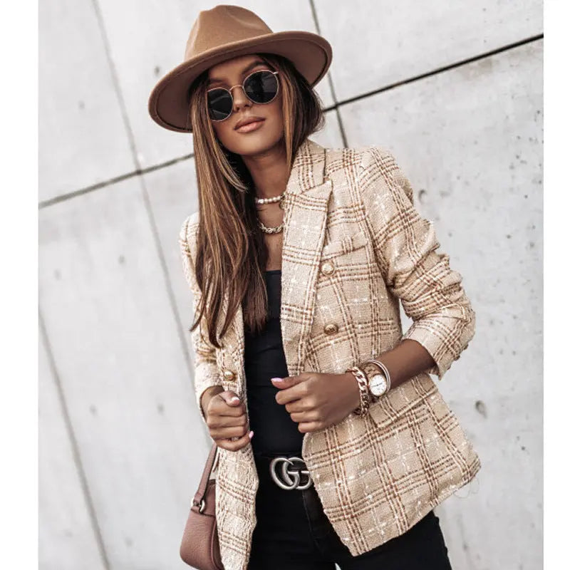 Long-sleeved slim-breasted plaid small blazer hercurva