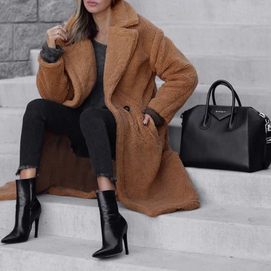 Solid color double-breasted woolen long coat hercurva