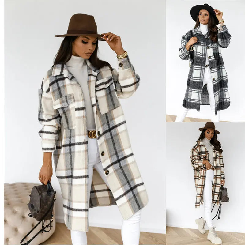 Button Lapel Casual Warm Plaid Long Woolen Coat hercurva