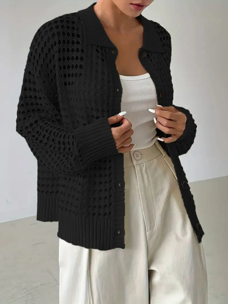 Hollow Single-breasted Lapel Oversized Knit Cardigan hercurva