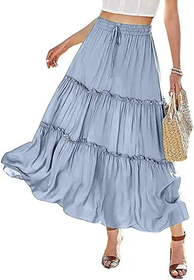 Women's Elastic High Waist A-Line Pleated Casual Maxi Dress hercurva