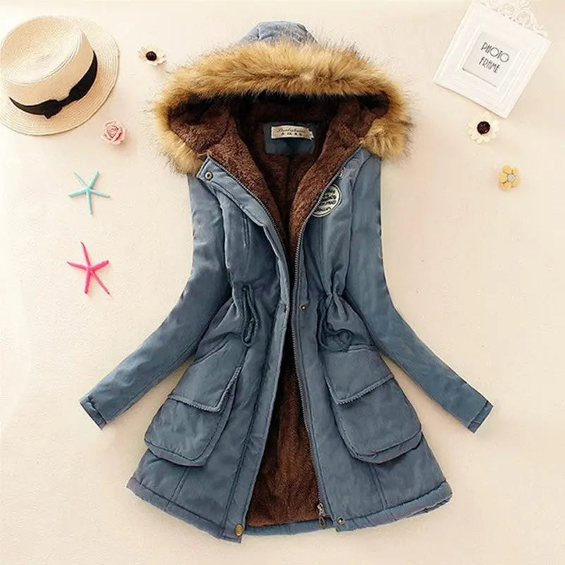 Long Women's Cotton-Padded Jacket With Wool Collar hercurva