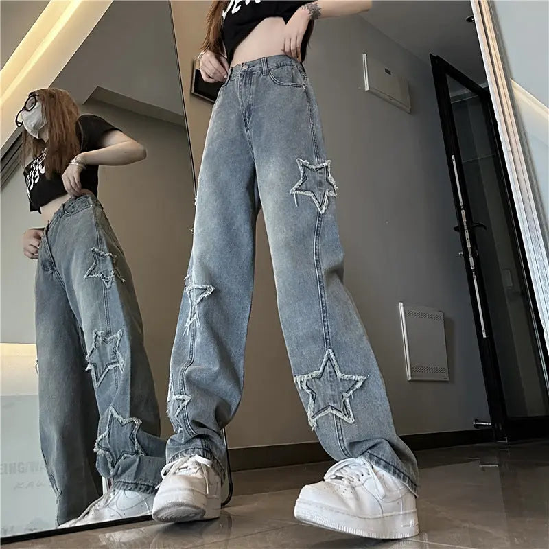Blue XINGX Embroidered Jeans Women Loose Straight-leg Wide-leg Pants hercurva