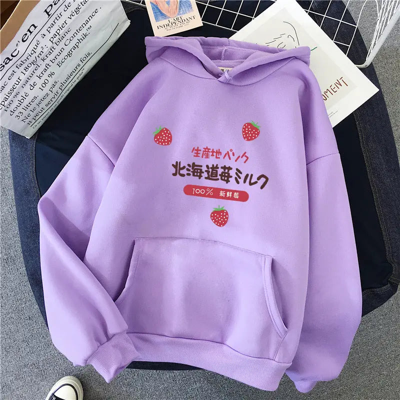 Candy Color Weatshirt Print Strawberry Figure Hooded Sweater hercurva