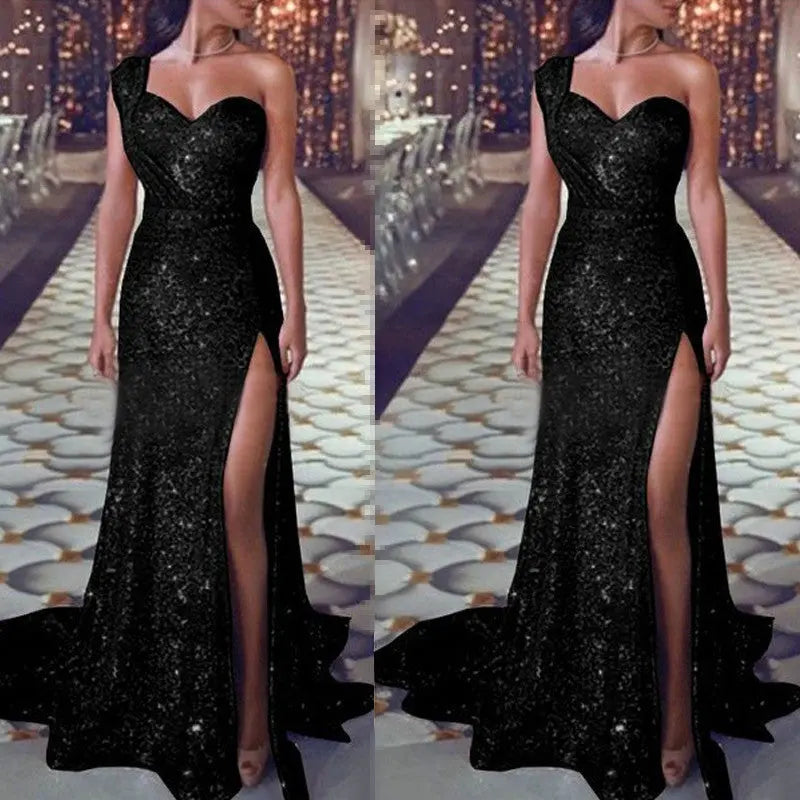 Women's Clothing One-shoulder Sleeveless Bronzing Split Dress hercurva