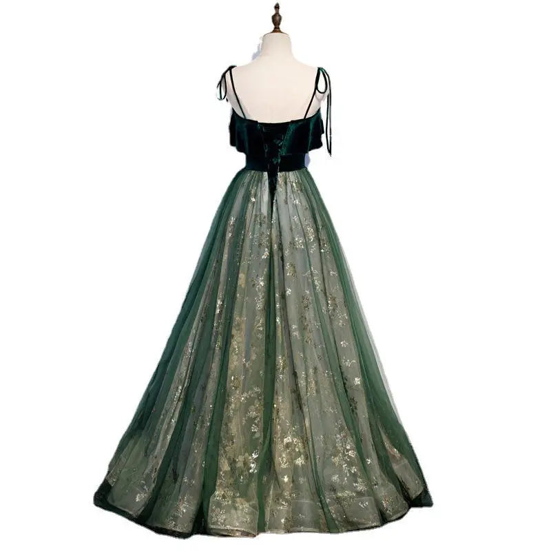 Banquet Sling Temperament Long Dress Dark Green Fantasy Mori hercurva