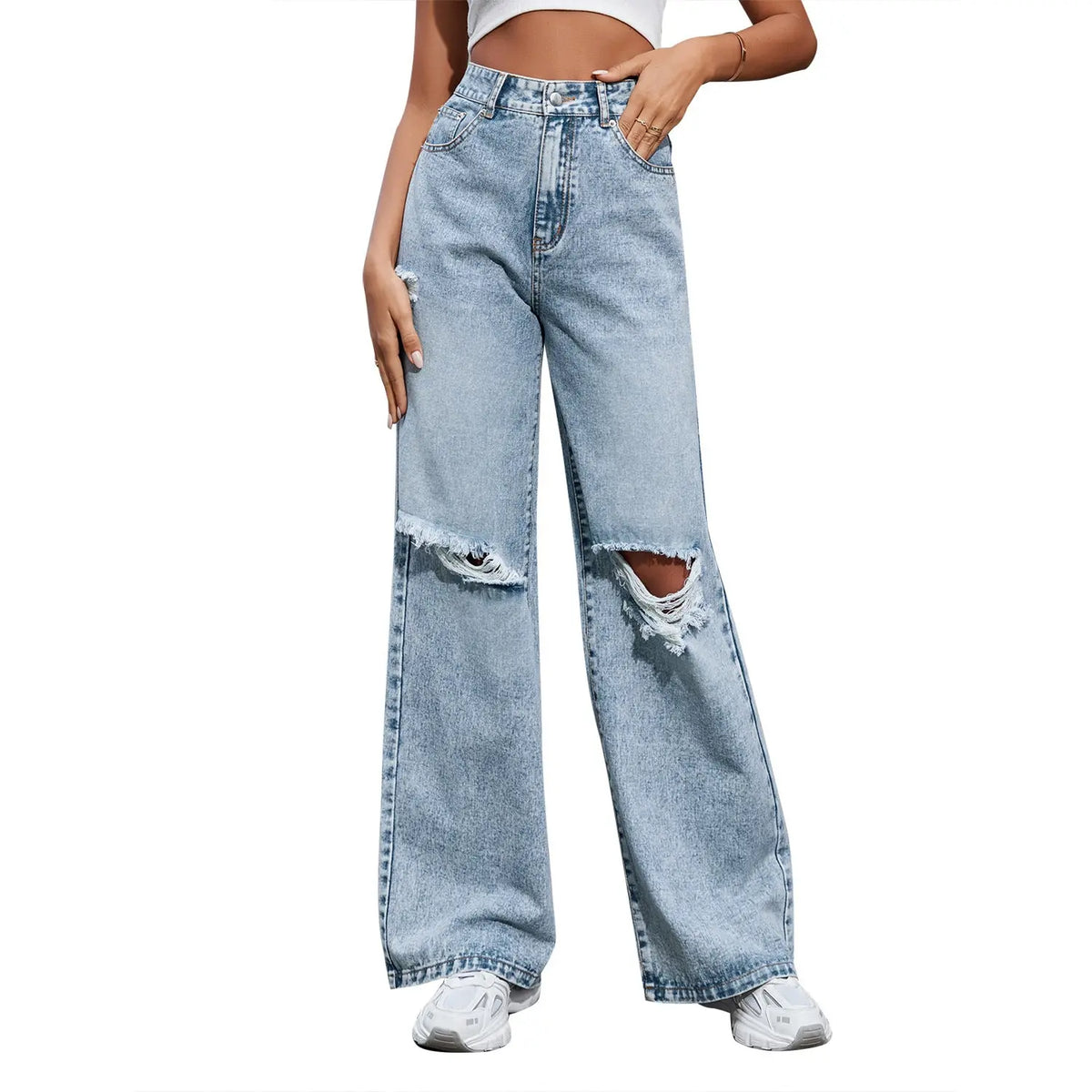 Women's Fashion Holes High Waist Casual Denim Trousers hercurva