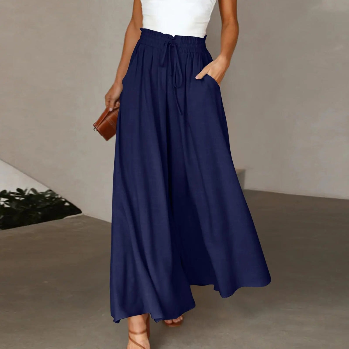 Women's Fashion Wide Leg Elastic Waistband Wide Leg High Waist Long Dress Pants hercurva