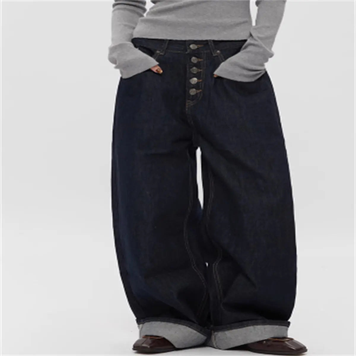 Spring And Autumn Straight Simple Retro Loose Wide-leg Jeans hercurva