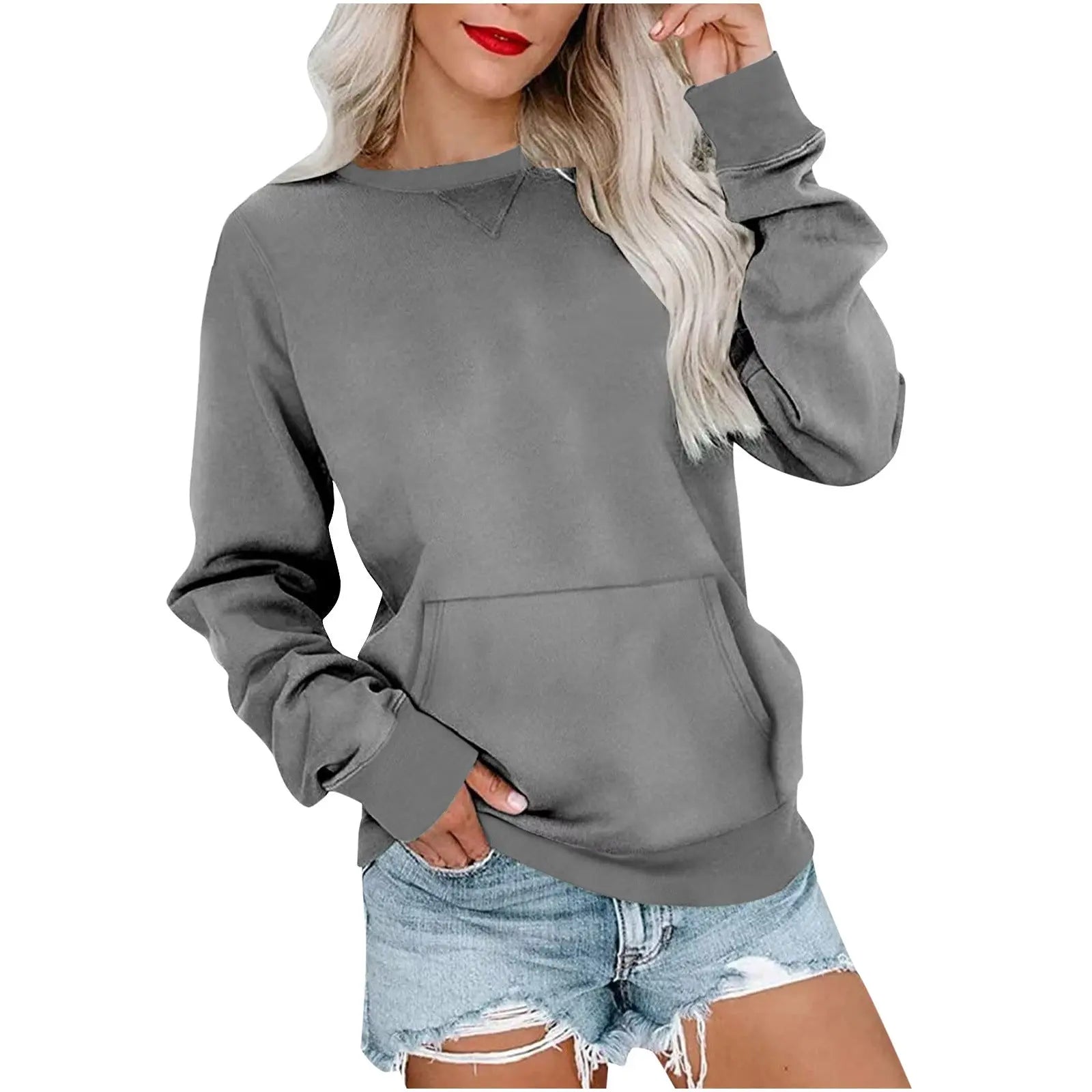 Solid Color Pullover Sweatshirt With Pocket Fashion Loose Round Neck Long Sleeves Top Womens Clothing hercurva