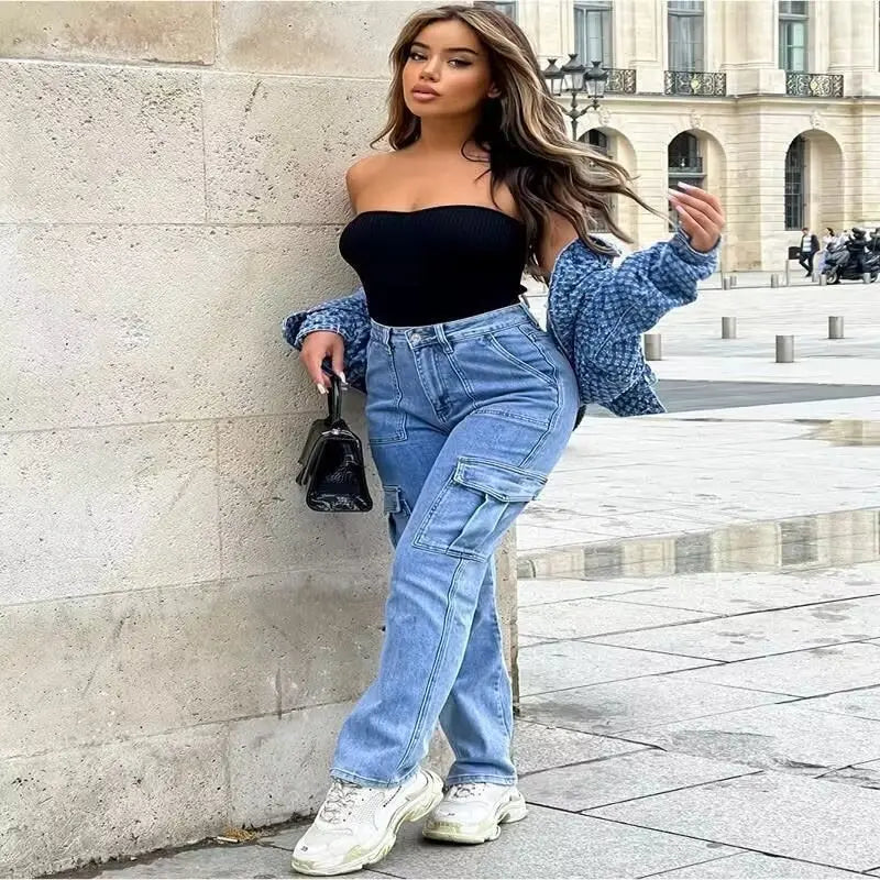 Cargo Jeans Women's Spring And Autumn Multi-pocket Wide-leg Casual Pants hercurva