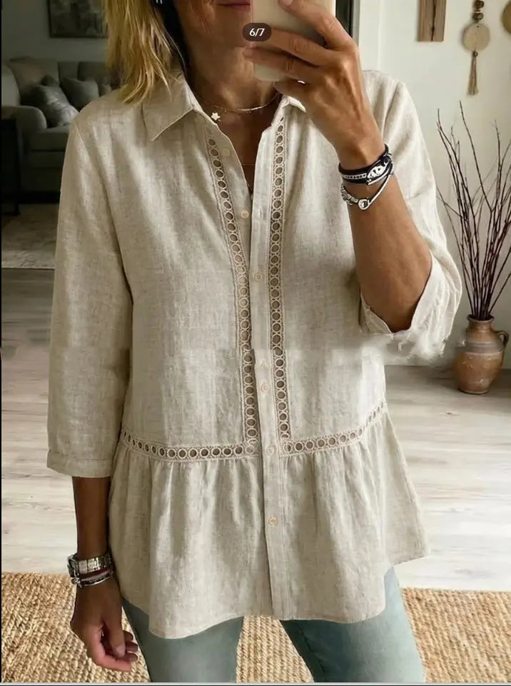 Patchwork Floral Woven Ribbon Cotton-Linen Shirt hercurva