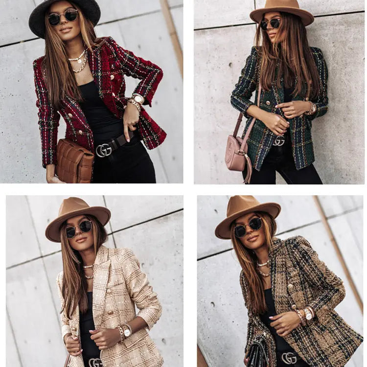 Long-sleeved slim-breasted plaid small blazer hercurva