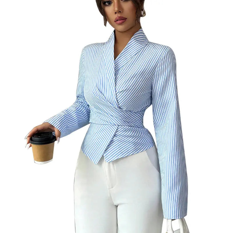Striped Long-Sleeve Elegant Strap Women's Blouse hercurva