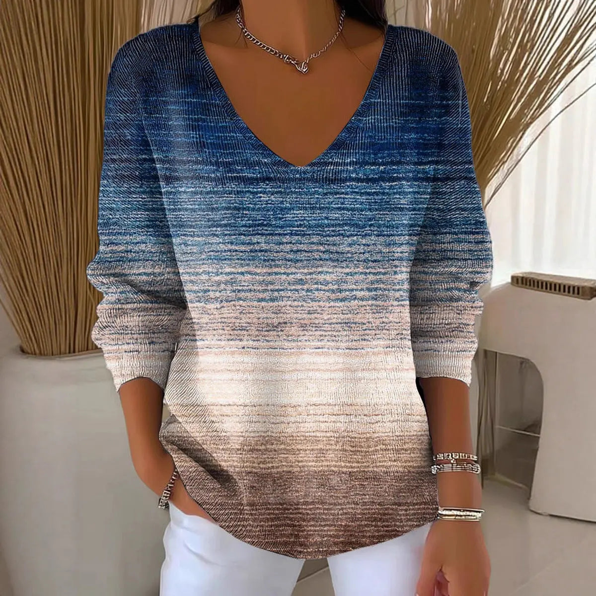 New Drop-shoulder V-neck Long-sleeve Printed Women's Pullover hercurva