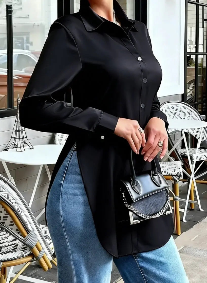 Womens Solid-Color Irregular-Hem Long-Sleeve Satin Shirt hercurva