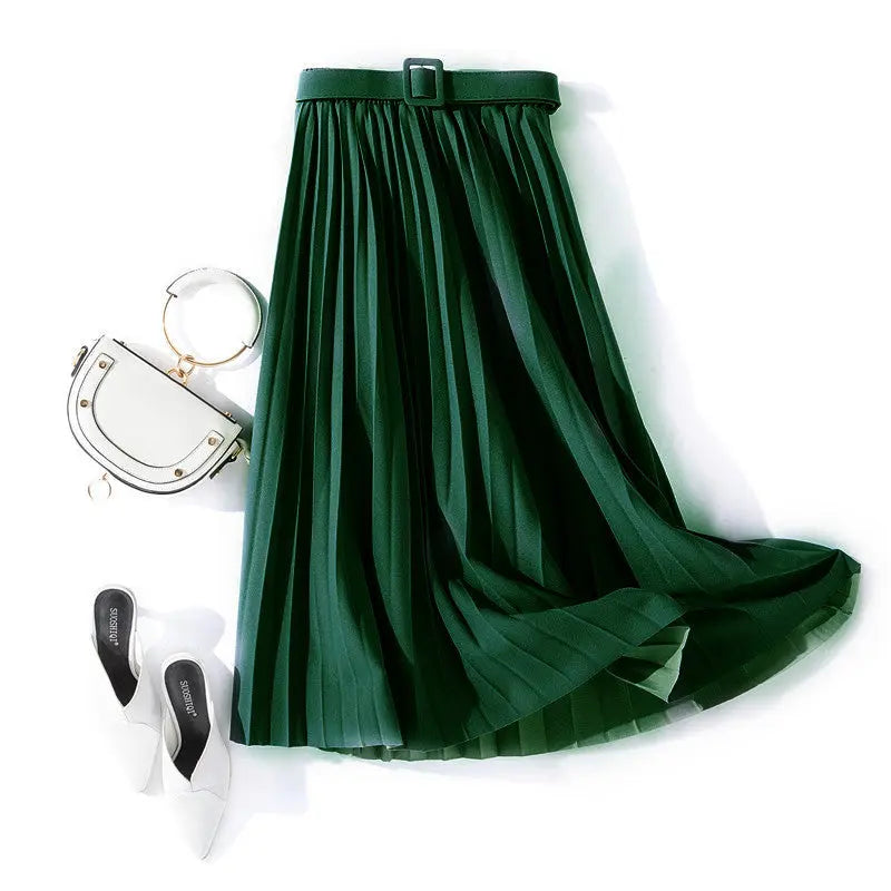 Solid Color Simple Organ Pleated Skirt Mid-length Skirt hercurva