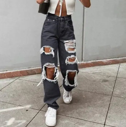 Women's American Retro Hole-punched Jeans Women High Waist Straight-crotch Loose Slim Design High-street Vibe Wide-legged Dragging Pants hercurva