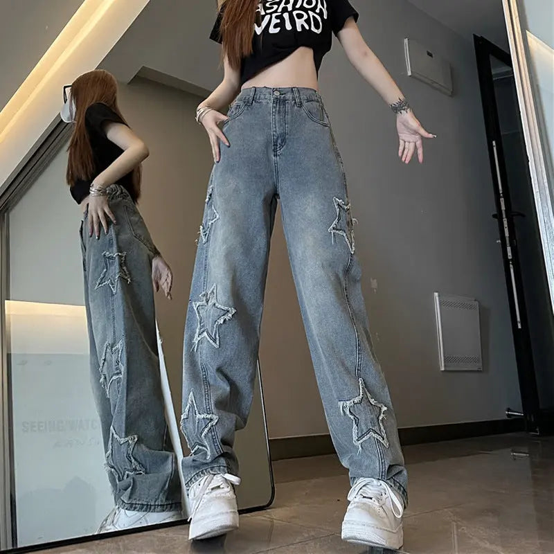 Blue XINGX Embroidered Jeans Women Loose Straight-leg Wide-leg Pants hercurva
