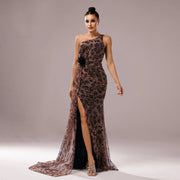 One-shoulder Diagonal Collar Leopard Sequined Evening Dress hercurva