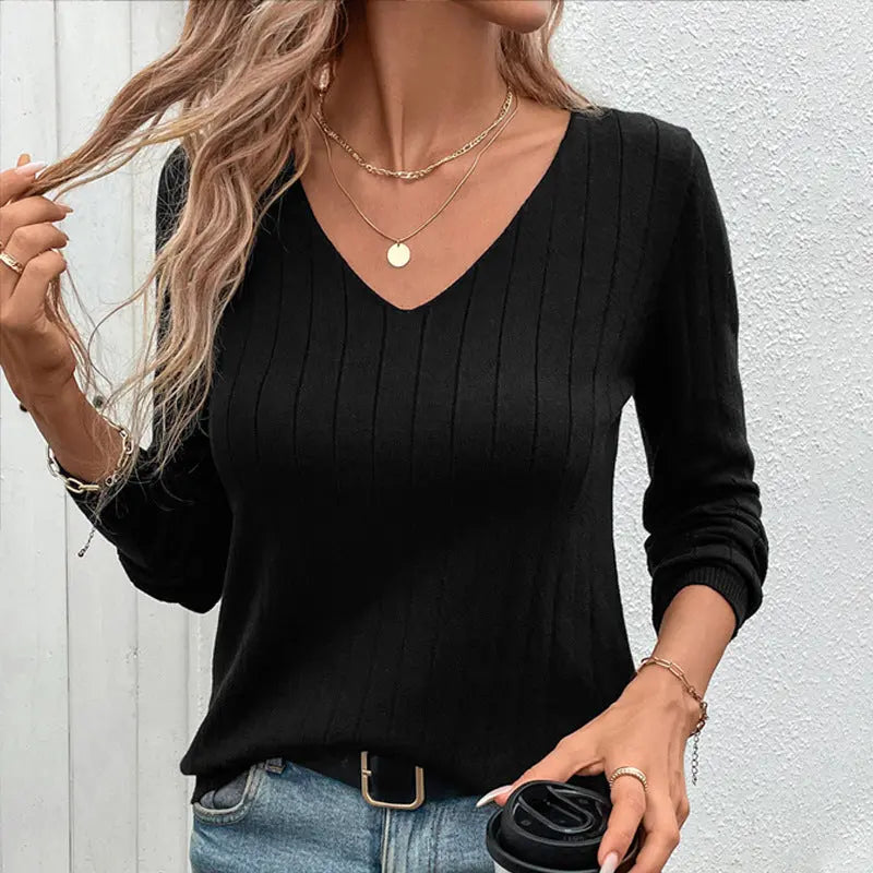 European And American Fall Women's Clothing Sunken Stripe V-neck Black Sweater For Women hercurva