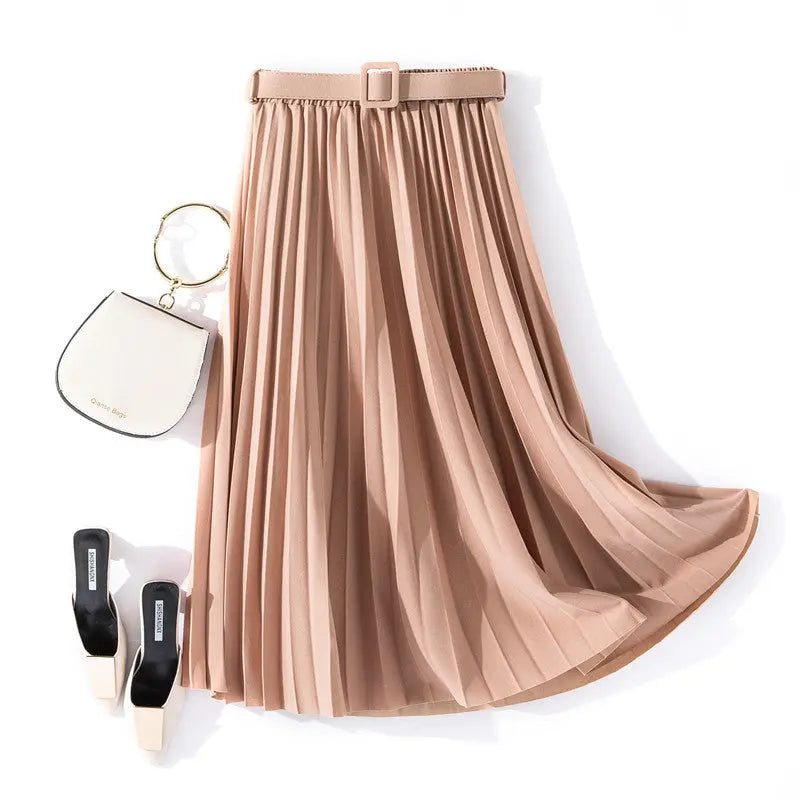 Solid Color Simple Organ Pleated Skirt Mid-length Skirt hercurva