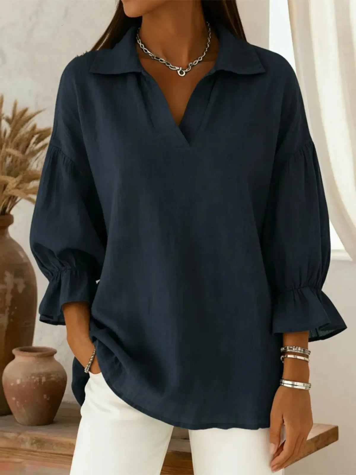Casual Relaxed-fit Fashionable Long-sleeve Top With A Turn-down Collar hercurva