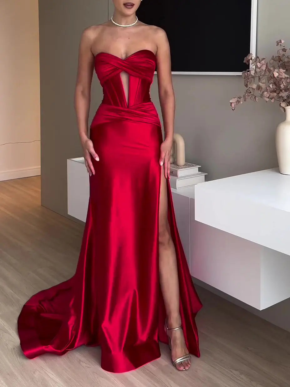 Tube Top Slit Red Extra Long Evening Dress hercurva