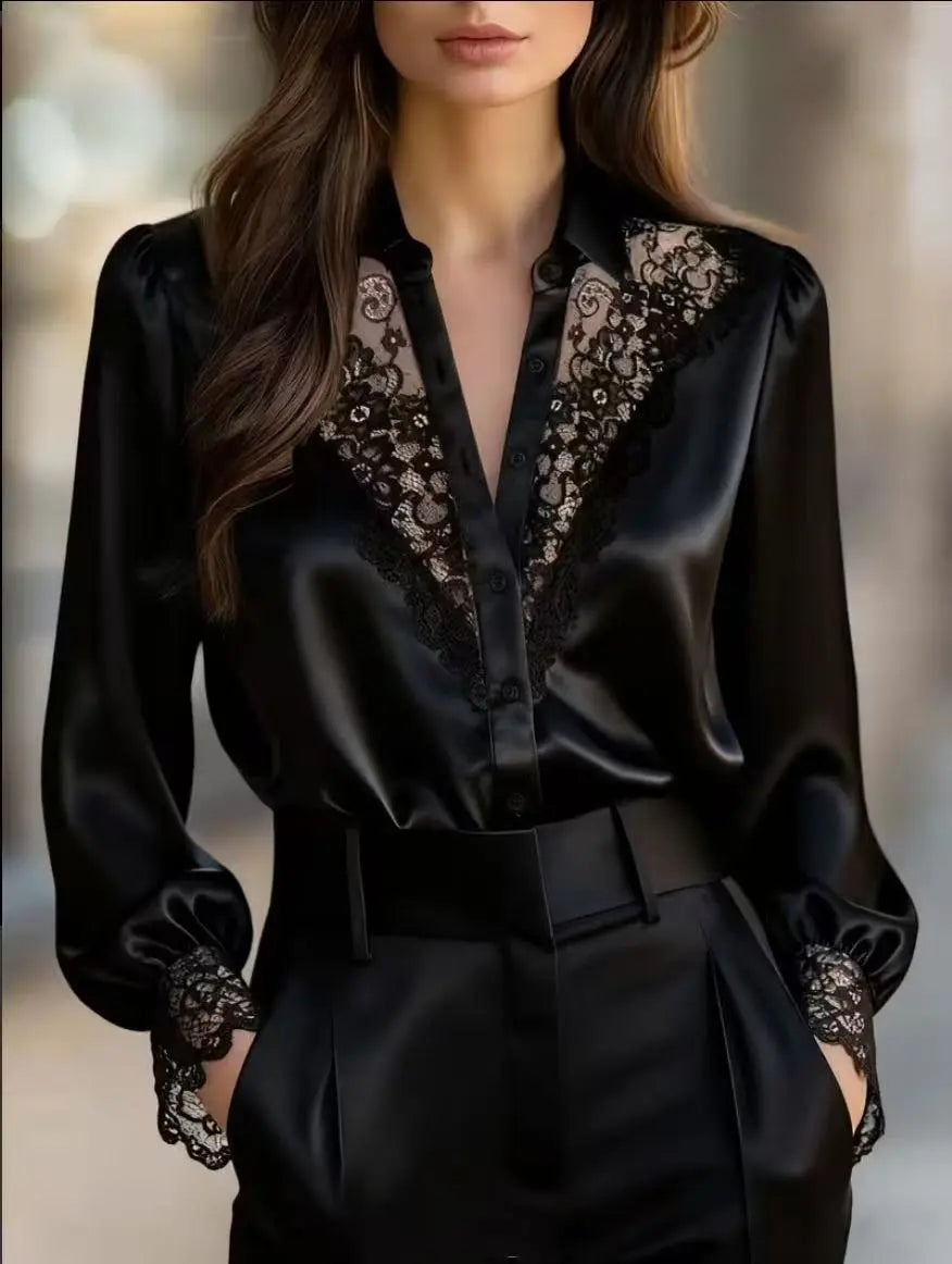 Women's Solid-Color Niche Lace V-Neck Puff-Sleeve Shirt hercurva