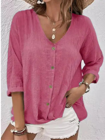 V-neck Long-sleeved T-shirt Fashion Solid Color Button Top Casual Loose Clothing For Women hercurva