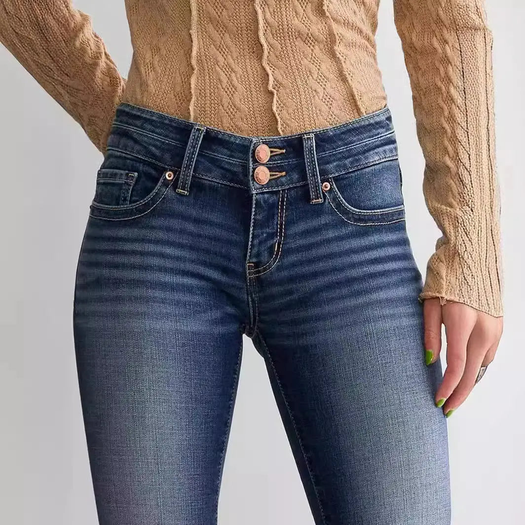 Ladies Mid Waist Slim Fit Stretch Retro Flared Jeans hercurva