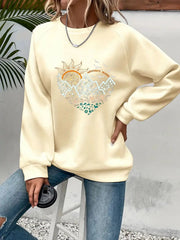 Casual Heart Print Crew Neck Pullover Sweatshirt - Soft Slightly Stretch Polyester Fabric, Machine Washable, Perfect For Spring And Fall - Women's Long Sleeve Casual Wear hercurva