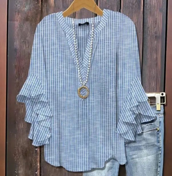 New Printed European And American Leisure Collar Lotus Edge Loose Women's Wear T-Shirt hercurva