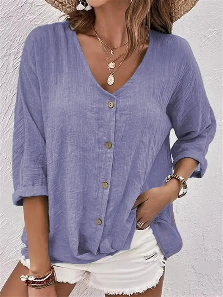 V-neck Long-sleeved T-shirt Fashion Solid Color Button Top Casual Loose Clothing For Women hercurva
