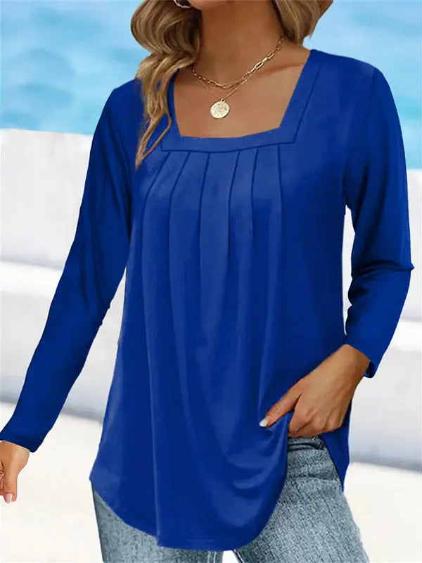 Women's Pleated Square Collar Long Sleeve Imitation Cotton Large Size T-shirt hercurva