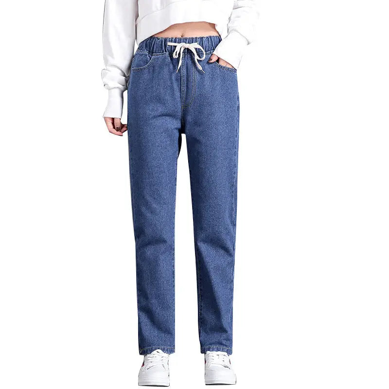 Straight Casual Elastic Waist Lace-up High-waist Jeans Women's Loose Pants hercurva
