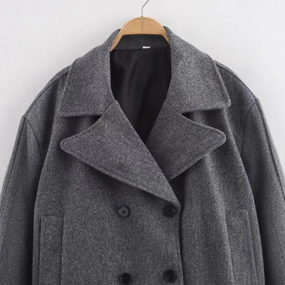 Gray Suit Woolen Jacket Women's Loose Double-breasted Short Coat hercurva