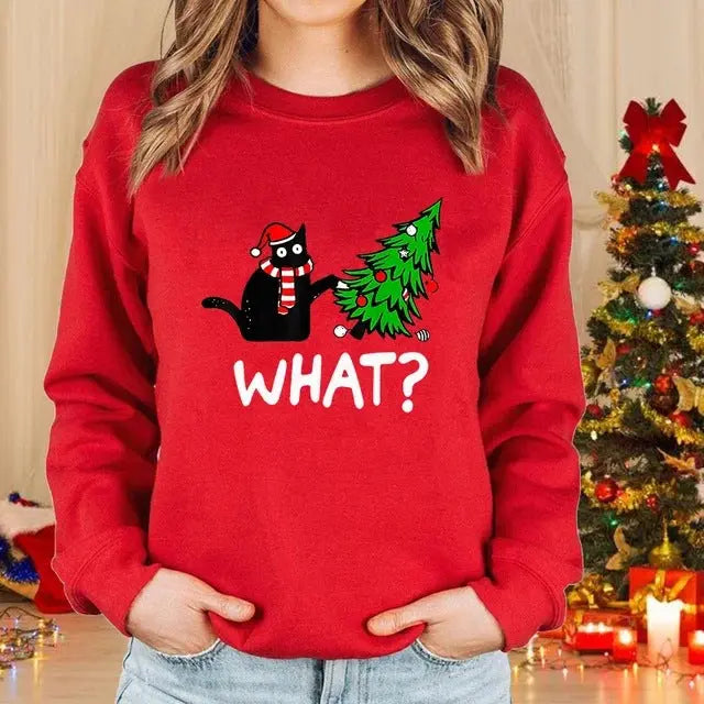 Lady Christmas Cat Round Neck Sweater Long Sleeve hercurva