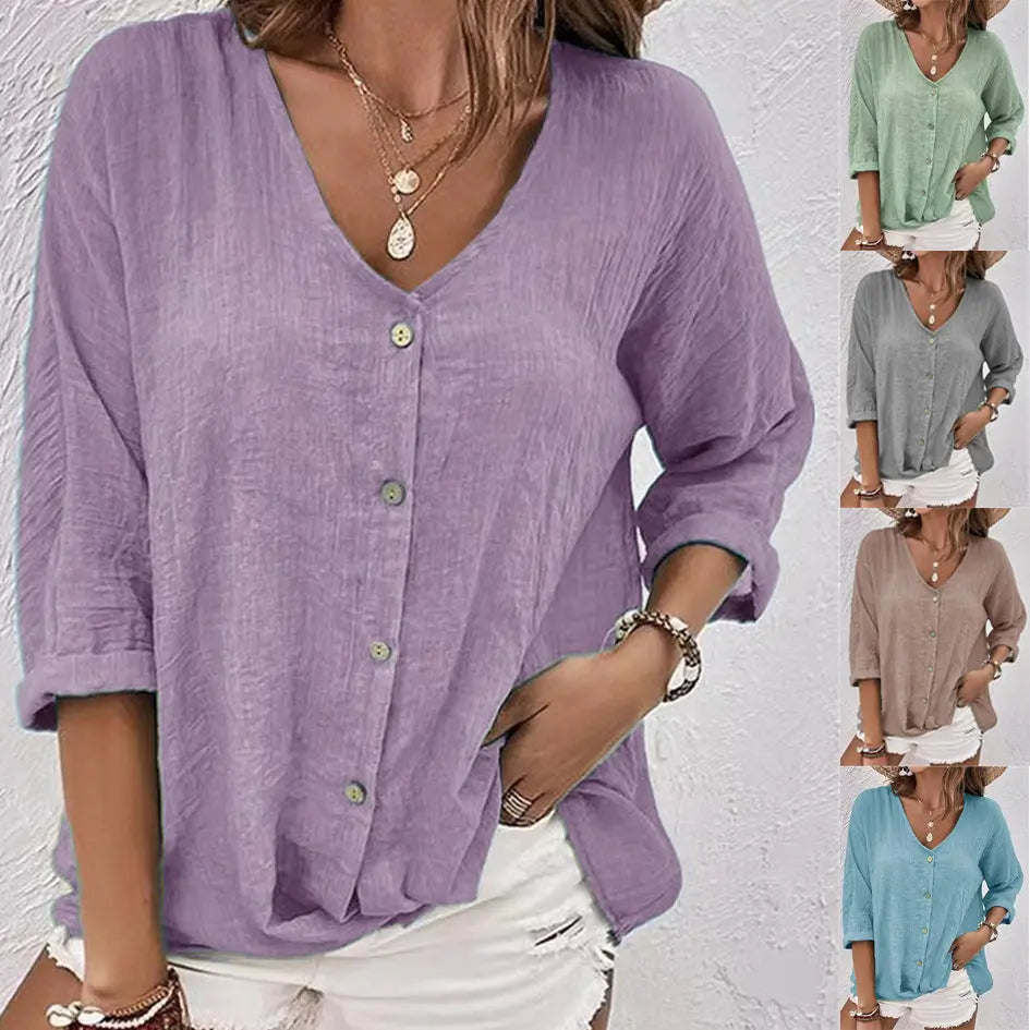 V-neck Long-sleeved T-shirt Fashion Solid Color Button Top Casual Loose Clothing For Women hercurva