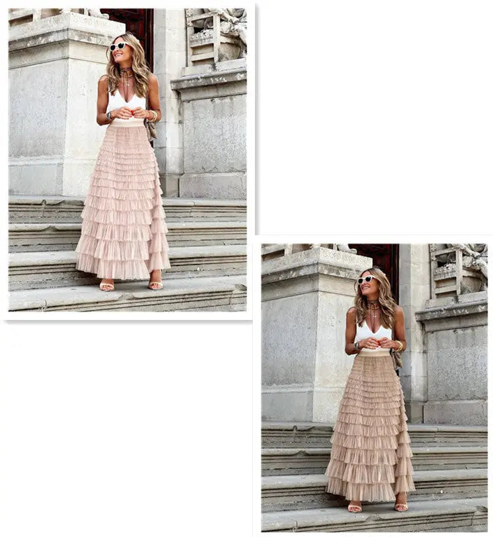 Layered Ruffles Cake Skirt Summer Fashion A Line Swing Mesh Long Skirt Party Dress Women hercurva