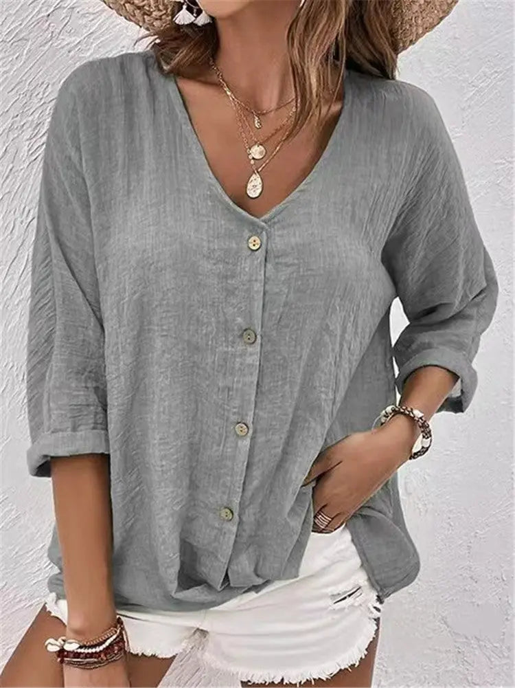 V-neck Long-sleeved T-shirt Fashion Solid Color Button Top Casual Loose Clothing For Women hercurva