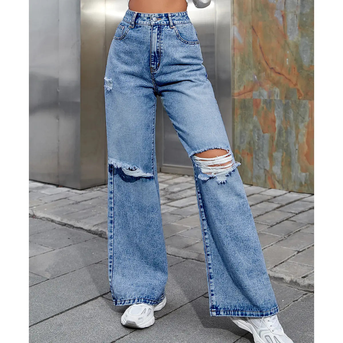 Women's Fashion Holes High Waist Casual Denim Trousers hercurva