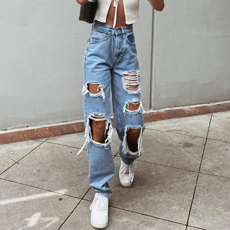 Women's American Retro Hole-punched Jeans Women High Waist Straight-crotch Loose Slim Design High-street Vibe Wide-legged Dragging Pants hercurva