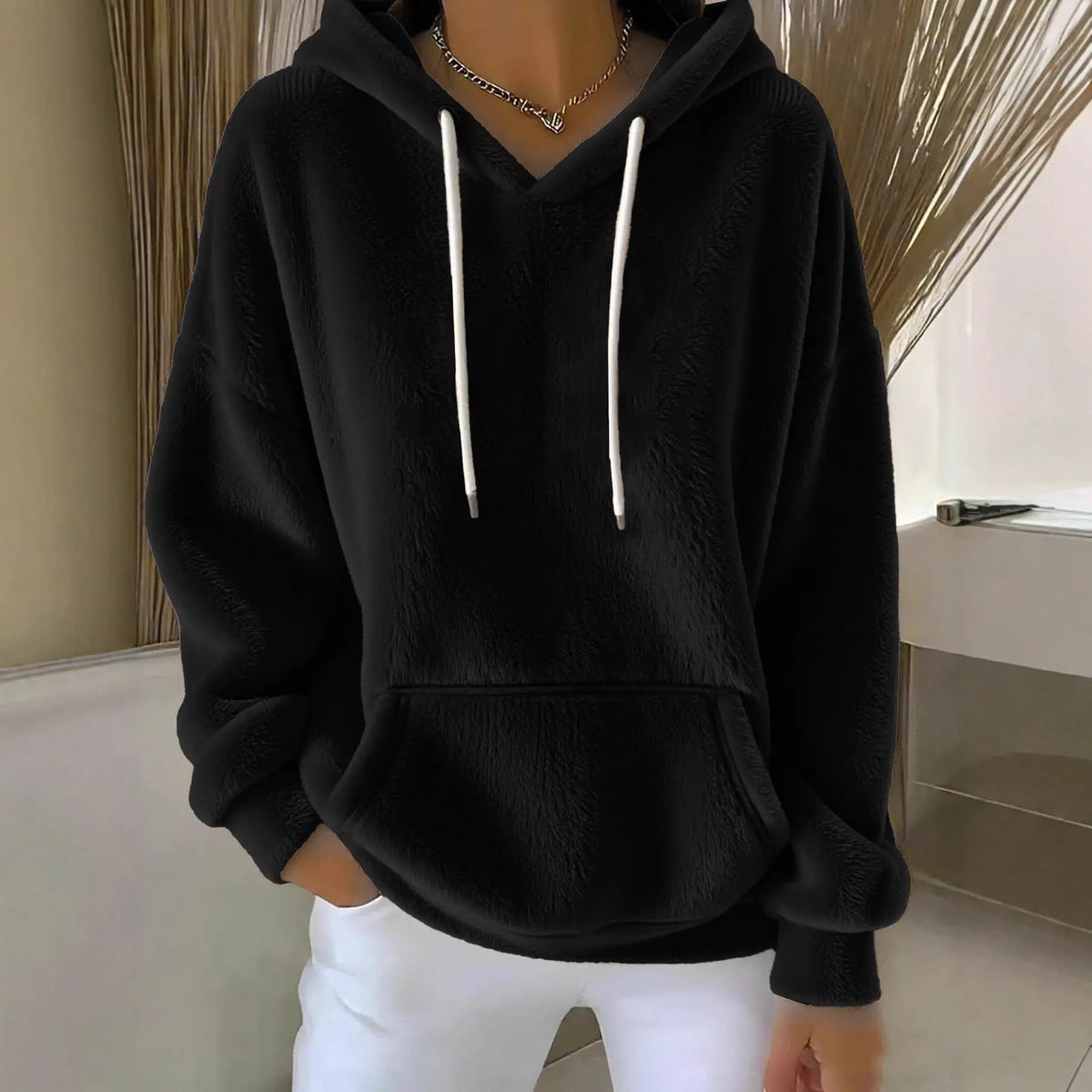 Women's Solid Color Lamb Fleece Lined Versatile Sweatshirt For Autumn And Winter hercurva