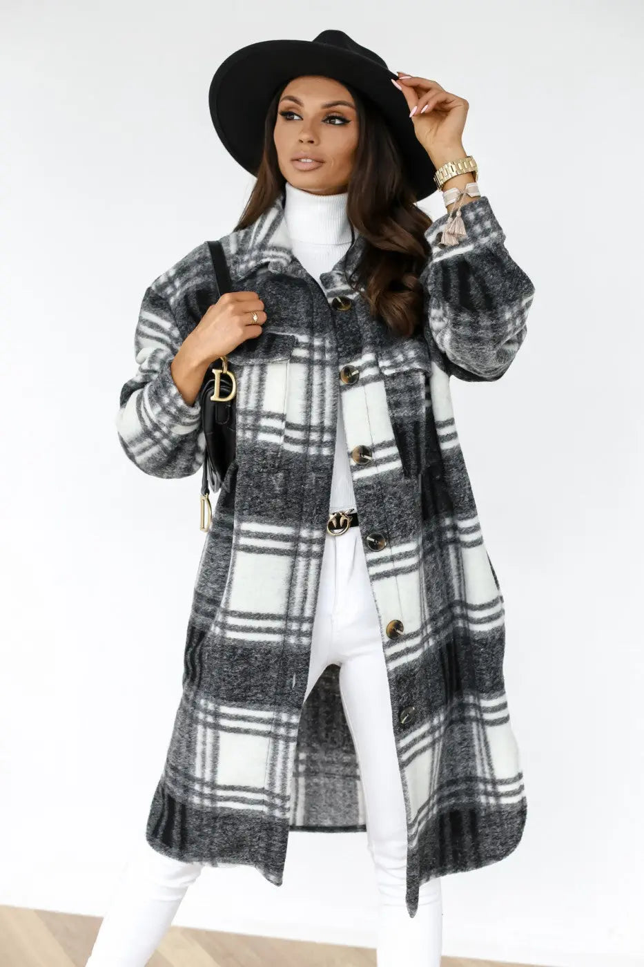 Button Lapel Casual Warm Plaid Long Woolen Coat hercurva