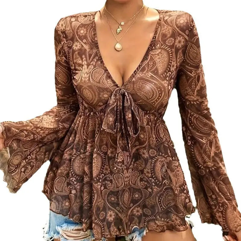 New Versatile Mesh Printed Deep V-neck Slim-fit Long Sleeve Top hercurva